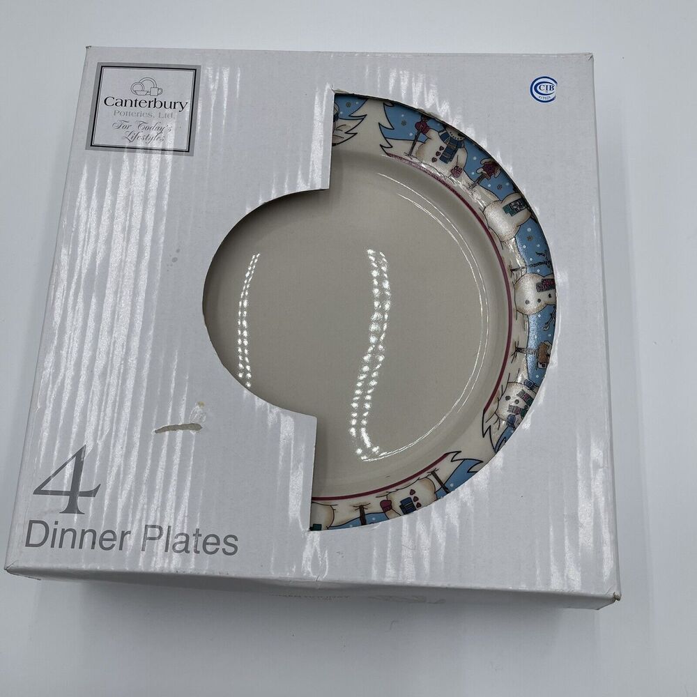 Canterbury Potteries Snowman Holiday Dinner Plates Set of 4 Toby Pieri NIB Vtg